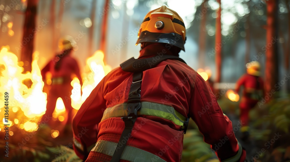 Firefighter in protective gear battling a forest fire, with flames and smoke creating a dramatic backdrop. disaster management, emergency response Firefighter in protective gear battling a forest fire, with flames and smoke creating a dramatic backdrop. disaster management, emergency response