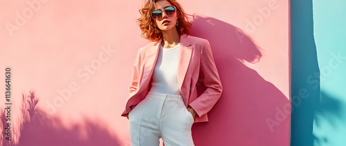 Chic full-length fashion portrait of a confident model in stylish urban attire on a pastel background photo