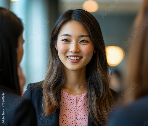 a bright smile and polished attire, the young businesswoman creates a welcoming and professional impression making up the good vibe in the office workplace. photo