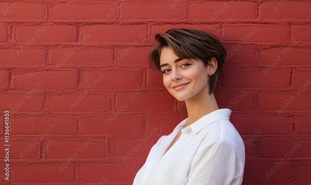 A young short hair Caucasian woman with a radiant smile stands confidently against a textured red brick wall, illuminated by warm light. A young short hair Caucasian woman with a radiant smile stands confidently against a textured red brick wall, illuminated by warm light.