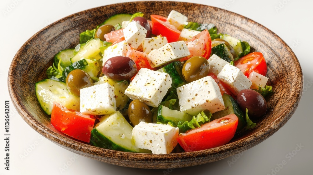 Delicious flat lay greek salad with feta cheese home kitchen food bright setting culinary delight Delicious flat lay greek salad with feta cheese home kitchen food bright setting culinary delight