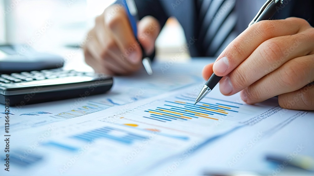 Close-up of hands analyzing financial charts and graphs with a calculator. Close-up of hands analyzing financial charts and graphs with a calculator.