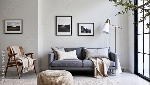 Wallpaper Mural modern, minimalist living room with a neutral color palette. The layout features a gray sofa adorned with cream and light gray pillows, positioned against a light-colored wall. A wooden chair with a b Torontodigital.ca