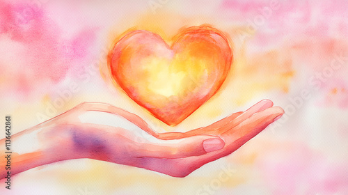 A watercolor hand gently holding a glowing heart, warm pink and orange hues, minimalistic and uplifting for themes of care and empathy