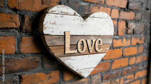 A wooden heart sign with the word Love hangs against a rustic brick wall, perfect for themes of romance, home decor, or wedding-related projects, Great for social media or advertising, photo