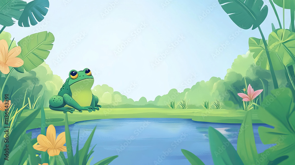 Fototapeta premium green Toads lives near pond with wild plants and flowers growing around it for wetlands for World Wetlands Day banner