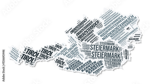 Austria shape text cloud. Country border with shadow on white background. Austria with regions division in vintage gazette style. Beautiful vector illustration.