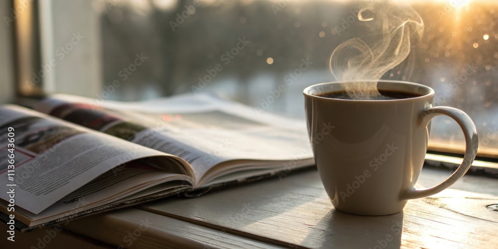 A steaming cup of coffee and an open book on a wooden table in front of a window, bathed in warm sunlight A steaming cup of coffee and an open book on a wooden table in front of a window, bathed in warm sunlight