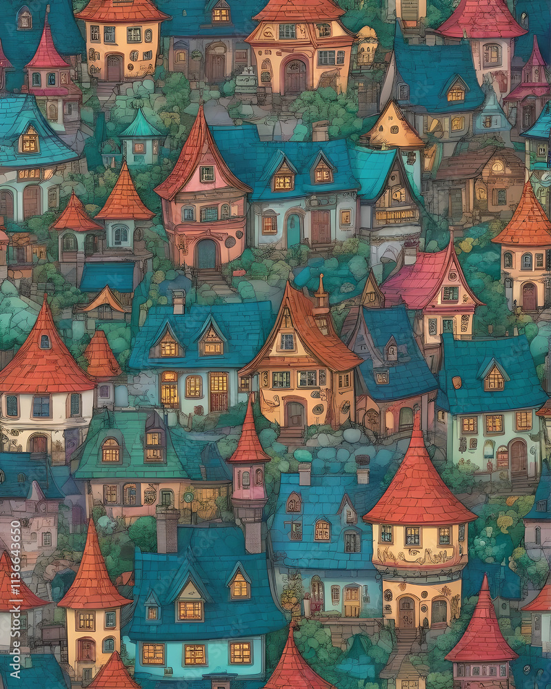 Fototapeta premium pattern with cartoon houses in the style of watercolor