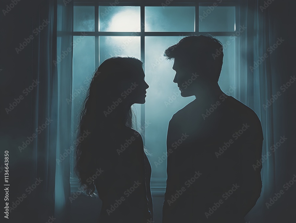 Silhouetted Couple Standing Together by Window in Dim Light, Shadows of Romantic Meeting in Atmospheric and Mysterious Setting Silhouetted Couple Standing Together by Window in Dim Light, Shadows of Romantic Meeting in Atmospheric and Mysterious Setting