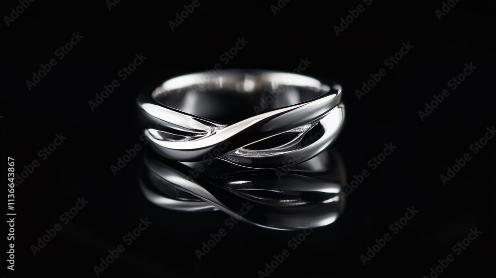 Elegant silver ring showcasing intricate twisted design on a reflective surface Elegant silver ring showcasing intricate twisted design on a reflective surface