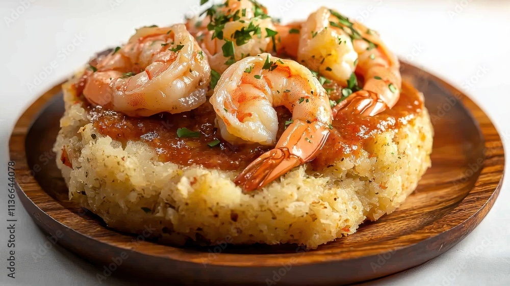 Delicious puerto rican mofongo with shrimp colorful food flat lay culinary delight bright kitchen environment top view for foodies Delicious puerto rican mofongo with shrimp colorful food flat lay culinary delight bright kitchen environment top view for foodies