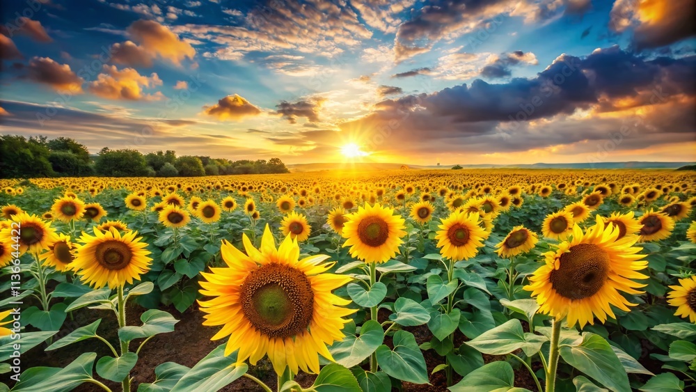 Obraz premium Surreal Sunflower Field: Vibrant Nature Photography, Lush Greenery, Bright Sky, Horizon, Summer Landscape