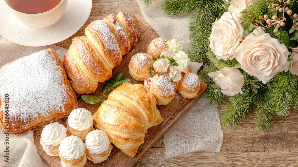 Delicious sunday brunch flat lay with pastries and flowers cozy home setting aesthetic food Delicious sunday brunch flat lay with pastries and flowers cozy home setting aesthetic food