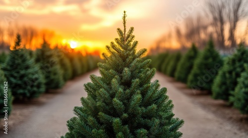 A serene image of a perfectly shaped evergreen tree in a field during sunset, with rows of trees in the background, Ideal for seasonal promotions, holiday advertisements, or nature-themed projects, photo