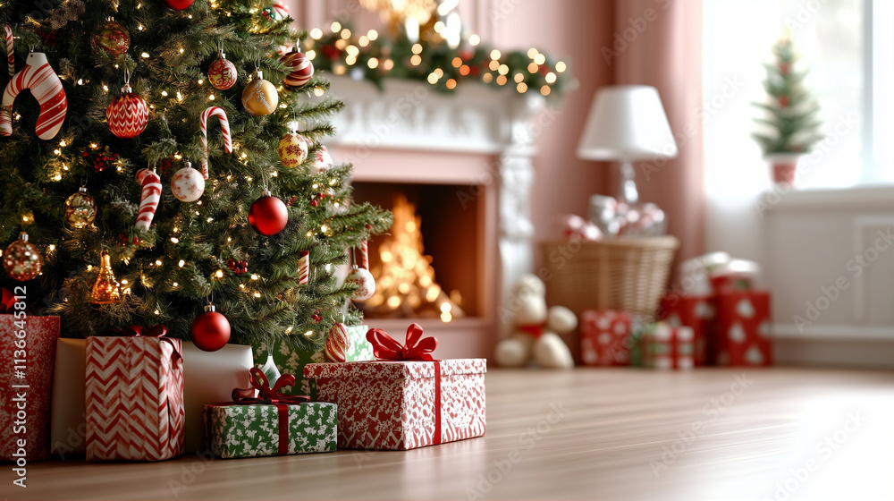 Christmas tree decorated with ornaments and presents in cozy living room during holiday season Christmas tree decorated with ornaments and presents in cozy living room during holiday season