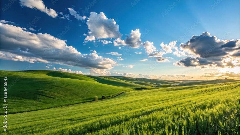 Fototapeta premium Rolling Green Hills Under a Clear Sky with Puffy Clouds