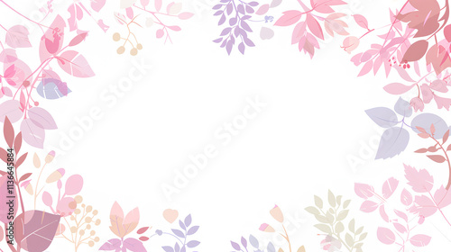 minimalist-style cartoon frame border made of pastel pink and lavender shapes with a white background, cute abstract decoration for a girl's birthday party, or a wedding card background.