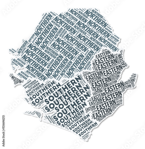 Sierra Leone shape text cloud. Country border with shadow on white background. Sierra Leone with regions division in vintage gazette style. Awesome vector illustration.