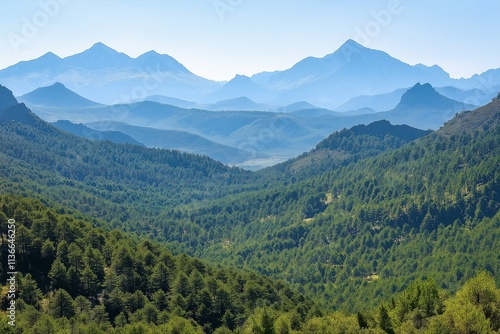 Vast mountain landscape with dense forest in the foreground, towering peaks in the distance, and a clear blue sky.