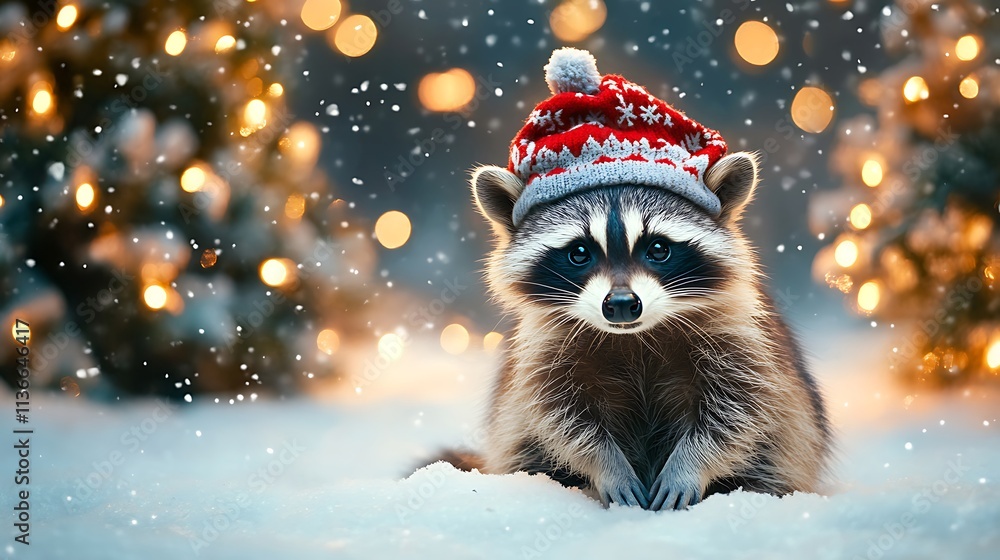 Cute raccoon in a festive hat sitting on snowy ground near glowing Christmas trees Cute raccoon in a festive hat sitting on snowy ground near glowing Christmas trees