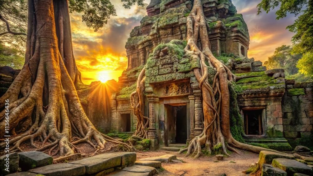 Fototapeta premium Ta Prohm Temple Angkor Wat Cambodia Ancient Ruins Jungle Overgrown Trees Roots Portrait Photography
