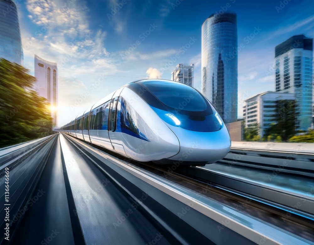 Naklejka premium High-speed hyperloop train traveling through a city