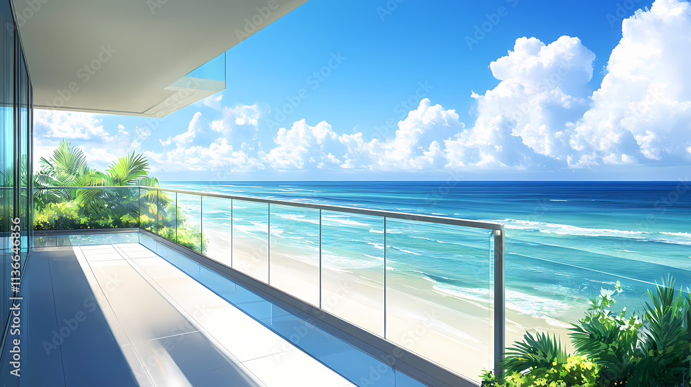Fototapeta premium Sleek glass-railed balcony with sea breeze and ocean views, ocean view, balcony, breeze. Zephyrine. Illustration