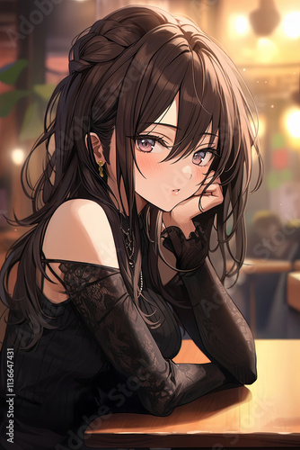 Anime-style young woman with long dark hair, wearing an elegant black lace dress, sitting at a cafe table with a soft expression and warm background lighting