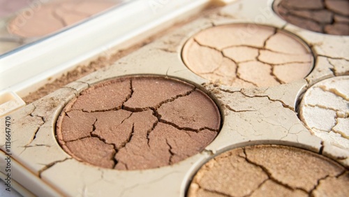 A close-up shot of an eyeshadow palette with the makeup pan cracked and dried out from overuse. photo