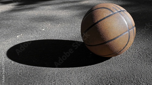 Isolated Basketball on Asphalt with Sharp Focus and Dark Lines, Suggestive of Outdoor Play or Pre-Game Warm-Ups, Creating a Focused Sports Scene

