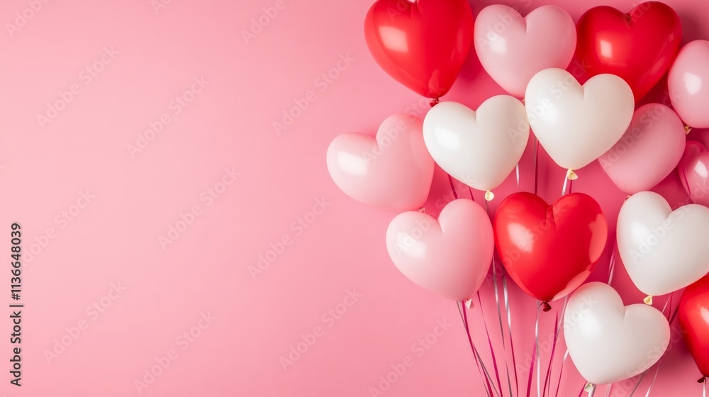 Red, pink and white heart shaped balloons floating on top half of pink background, valentine's day concept banner Red, pink and white heart shaped balloons floating on top half of pink background, valentine's day concept banner