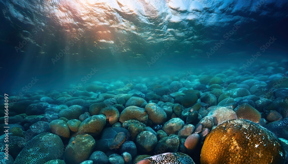 Fototapeta premium Sunbeams Through the Depths: A tranquil scene of smooth, rounded stones bathed in the ethereal glow of sunlight filtering through the crystal-clear waters.