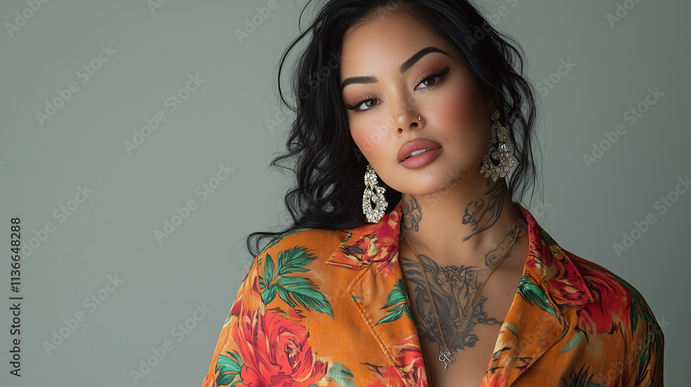 Plus-size model exudes confidence in vibrant floral attire against minimal backdrop