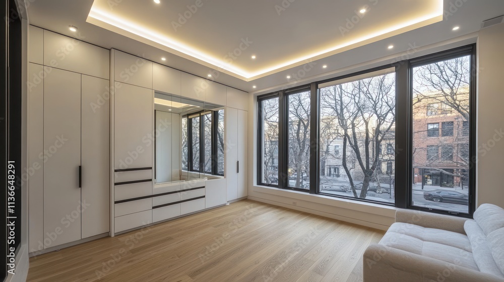 Modern bedroom with large windows, built-in wardrobes, and light wood floors. Modern bedroom with large windows, built-in wardrobes, and light wood floors.