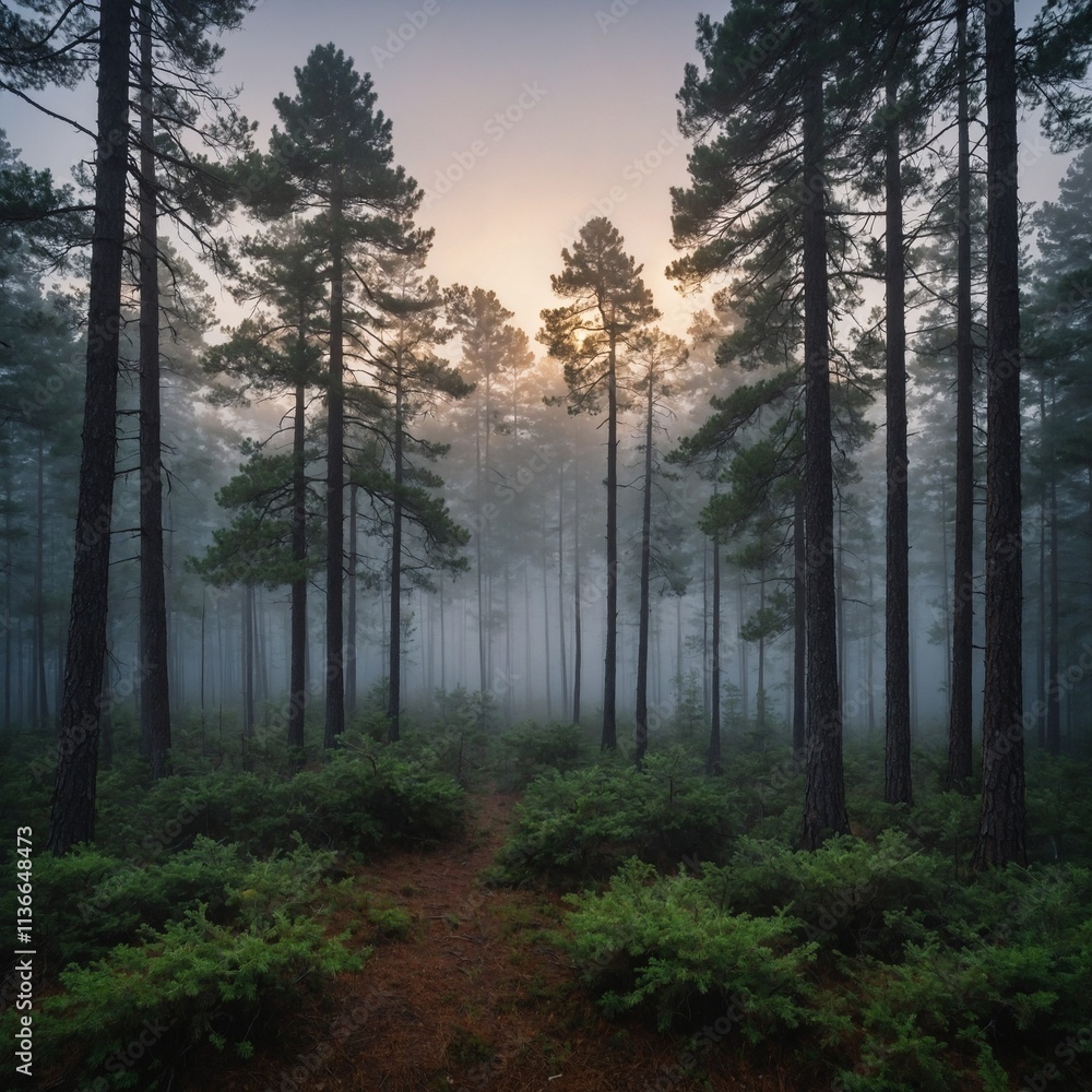 Fototapeta premium A dense fog rolling through a quiet pine forest at dawn.