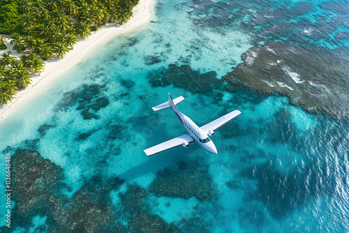 Aerial view of white airplane flying over turquoise ocean, coral reefs, and sandy tropical beach with lush palm trees, ideal for travel, vacation, and exotic island destination themes photo