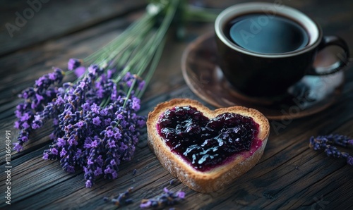 A heart shaped toast with jam sits on a wooden table next to a cup of coffee