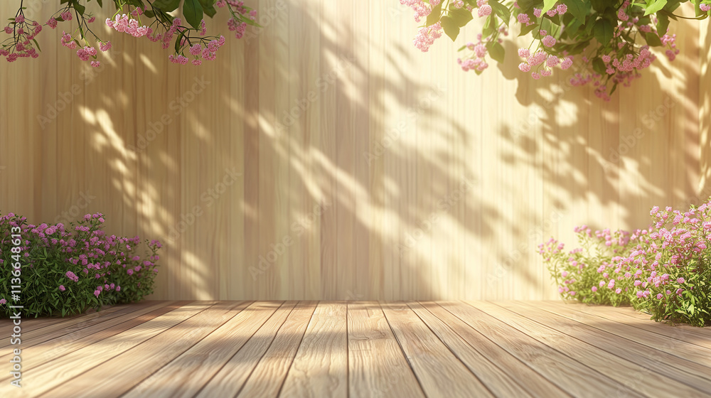 Fototapeta premium Sunlit Wooden Deck with Blooming Pink Flowers