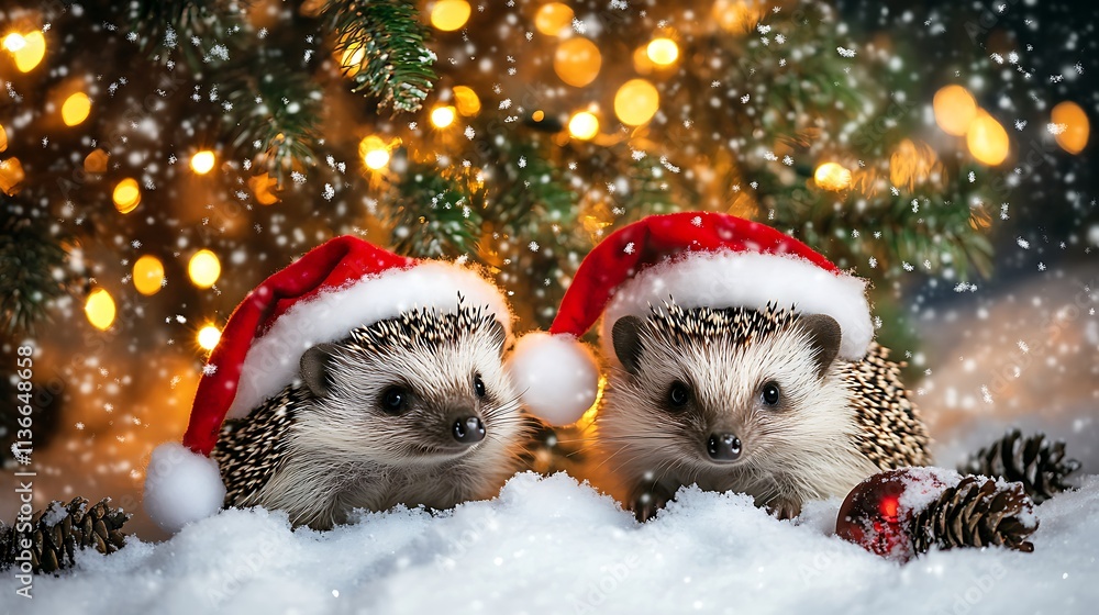 Cute hedgehogs in Santa hats sitting near glowing decorated Christmas trees surrounded by soft snow Cute hedgehogs in Santa hats sitting near glowing decorated Christmas trees surrounded by soft snow