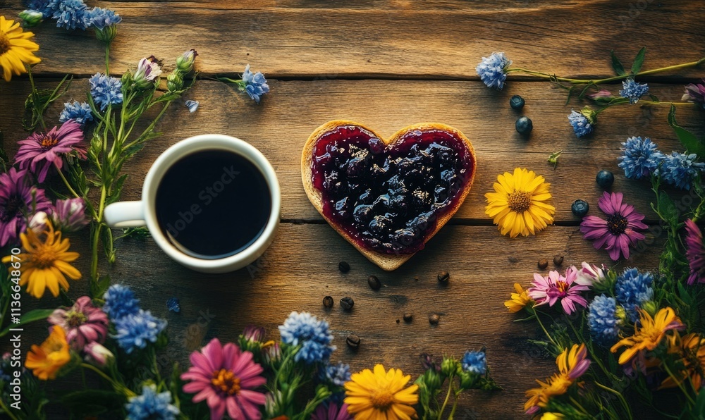 A heart shaped sandwich with jam and a cup of coffee A heart shaped sandwich with jam and a cup of coffee