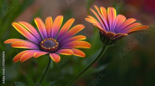Vibrant Cape Daisies in Focus with Orange Petals and Purple-Pink Accents, Set Against Green Foliage, Garden Background, Soft Natural Lighting, Delicate Textures
