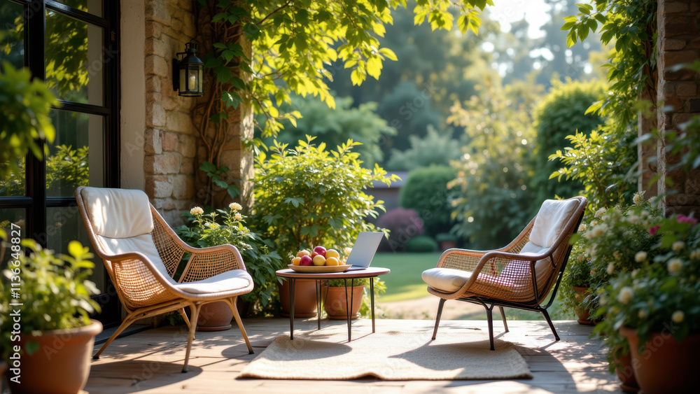 Obraz premium A cozy patio setting with comfortable chairs under a vine-covered pergola, perfect for enjoying summer evenings on a porch or patio.