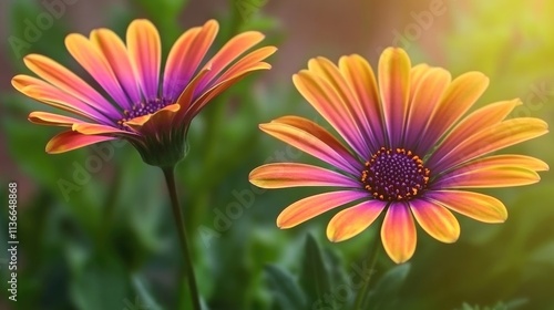 Vibrant Cape Daisies in Focus with Orange Petals and Purple-Pink Accents, Set Against Green Foliage, Garden Background, Soft Natural Lighting, Delicate Textures

