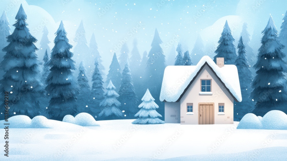 A serene winter landscape features a cozy, snow-covered cottage surrounded by tall evergreen trees, Ideal for holiday-themed designs, cozy atmospheres, or winter promotions, A serene winter landscape features a cozy, snow-covered cottage surrounded by tall evergreen trees, Ideal for holiday-themed designs, cozy atmospheres, or winter promotions,