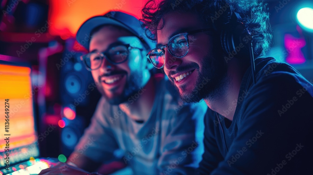 Two young adult men working in a music studio with headphones and computers Two young adult men working in a music studio with headphones and computers