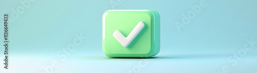 Pastel Green Checkmark Icon, Digital UI Element on Light Blue Background, Simple and Clean Design, Represents Confirmation or Approval, Visually Appealing Minimalist Style.