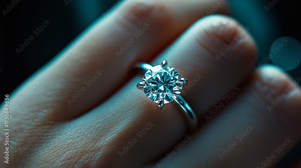 Stunning diamond ring showcased on a hand with soft focus background Stunning diamond ring showcased on a hand with soft focus background