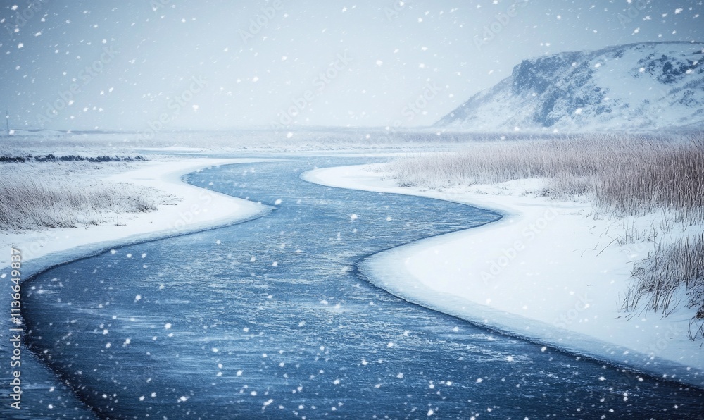 Fototapeta premium A river is frozen over with snow