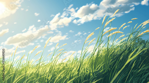 Gentle breeze blowing through a field of tall grass, calm and peaceful minimalist realistic. Zephyrine. Illustration